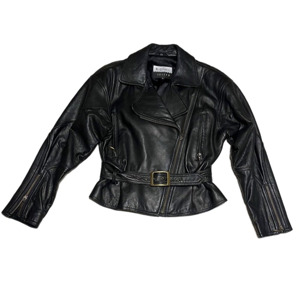 Michael Joseph Leather MotoJacket with Notched Lapels and Belted Waist